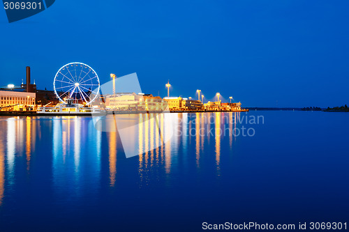 Image of Night Scenery View Of Embankment With Ferris Wheel In Helsinki,