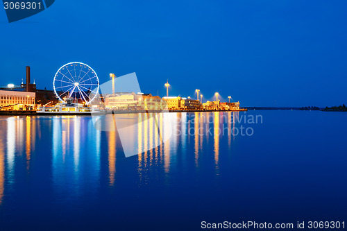 Image of Night Scenery View Of Embankment With Ferris Wheel In Helsinki,