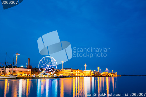 Image of Night Scenic View Of Embankment With Ferris Wheel In Helsinki, F