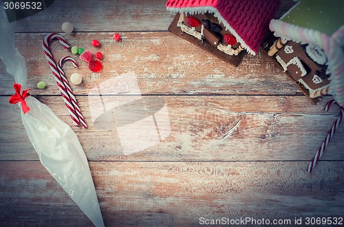 Image of closeup of beautiful gingerbread houses at home