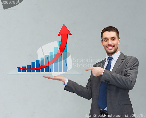 Image of happy man showing growth chart on palm of his hand