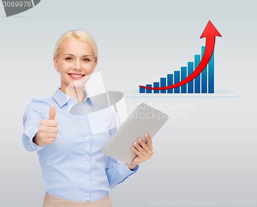 Image of smiling businesswoman with tablet pc and thumbs up