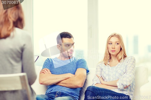 Image of young couple with a problem at psychologist office