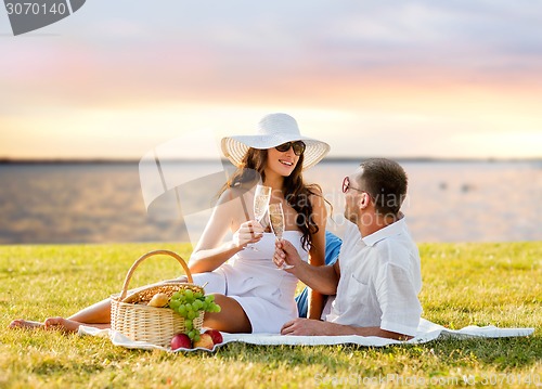 Image of happy couple drinking champagne on picnic