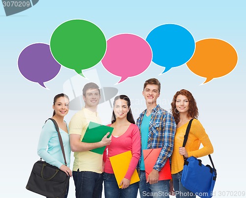 Image of group of smiling students with text bubbles