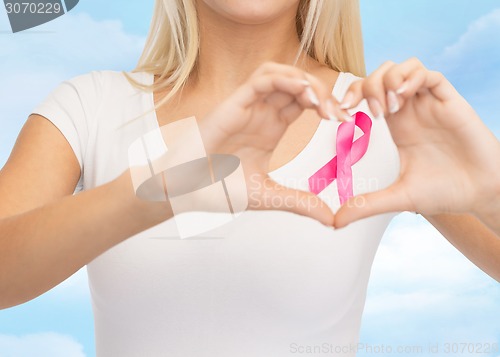 Image of close up of woman and pink cancer awareness ribbon