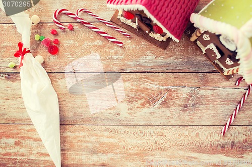 Image of closeup of beautiful gingerbread houses at home