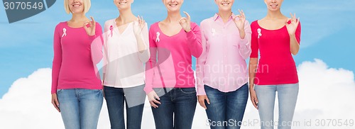 Image of close up of women with cancer awareness ribbons