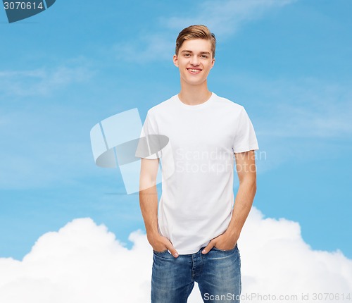 Image of smiling young man in blank white t-shirt