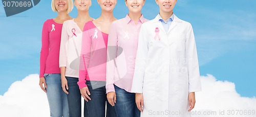 Image of close up of women with cancer awareness ribbons