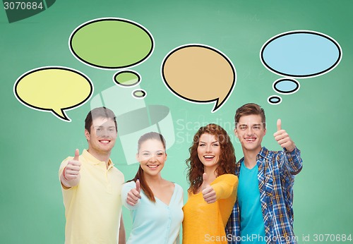 Image of group of smiling teenagers with text bubbles