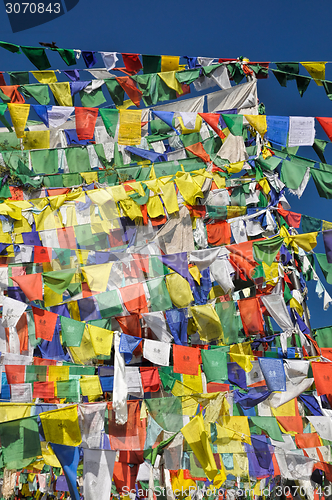 Image of Buddhist prayer flags in  Dharamshala, India