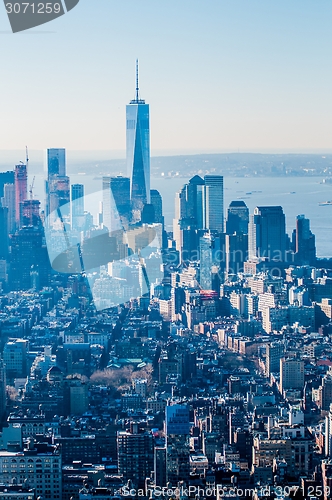 Image of New York City Manhattan midtown aerial panorama view with skyscr