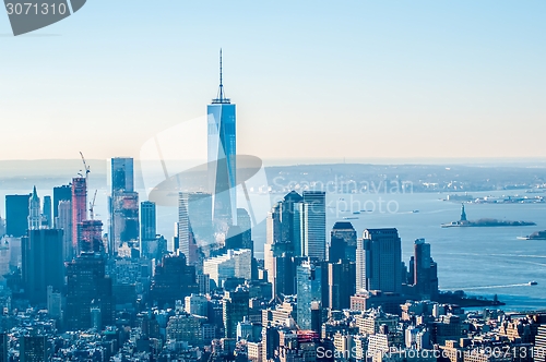 Image of New York City Manhattan midtown aerial panorama view with skyscr