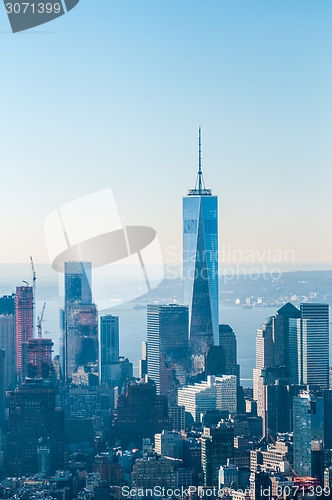 Image of New York City Manhattan midtown aerial panorama view with skyscr