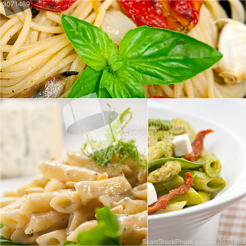 Image of collection of different type of Italian pasta collage