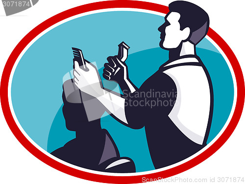 Image of Barber Cutting Hair Barbershop Retro