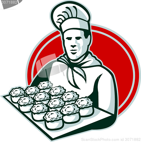 Image of Baker Serving Tray of Pork Meat Pies Retro