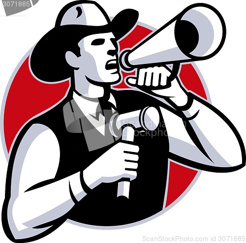 Image of Auctioneer Cowboy With Gavel And Bullhorn