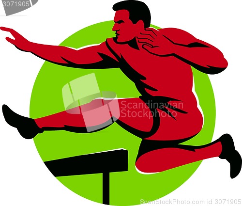 Image of Track and Field Athlete Jumping Hurdles Retro
