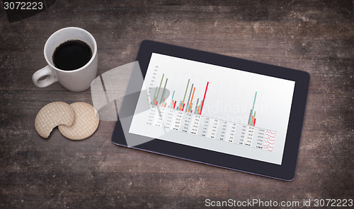 Image of Tablet touch computer gadget on wooden table, graph