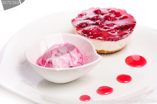 Image of Raspberry cheese cake and ice cream ball