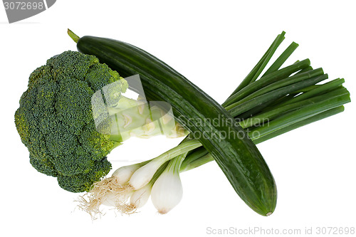 Image of Cucumber, broccoli and spring onion isolated on white background