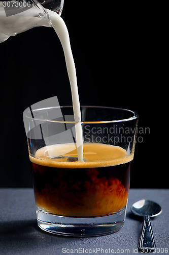Image of Pouring milk into a glass of black coffee