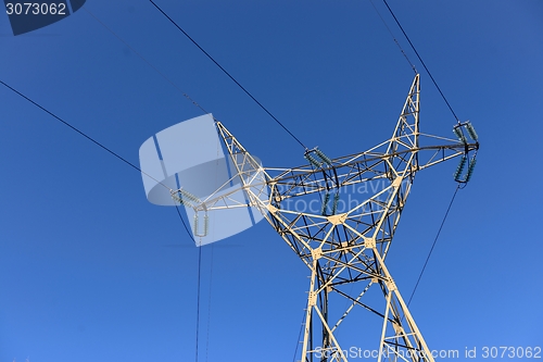 Image of Large transmission towers at sunset