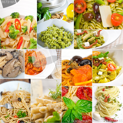 Image of collection of different type of Italian pasta collage