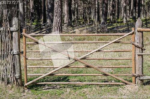 Image of Wooden fence in the spring in the countryside