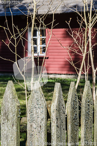 Image of Wooden fence in the spring in the countryside