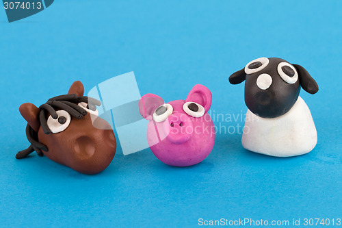 Image of Cute plasticine farm animals collection - Pig, horse, sheep.