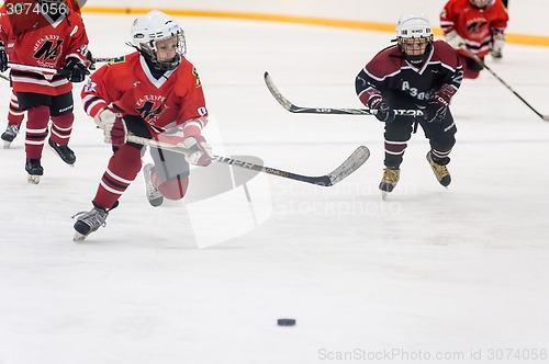 Image of Game moment of children ice-hockey teams