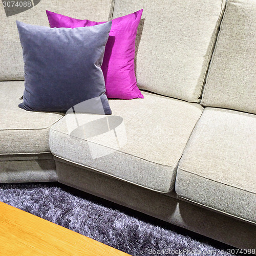 Image of Sofa with purple cushions on a fluffy carpet