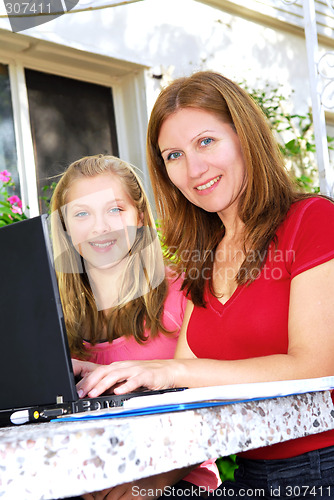 Image of Mother and daughter with computer