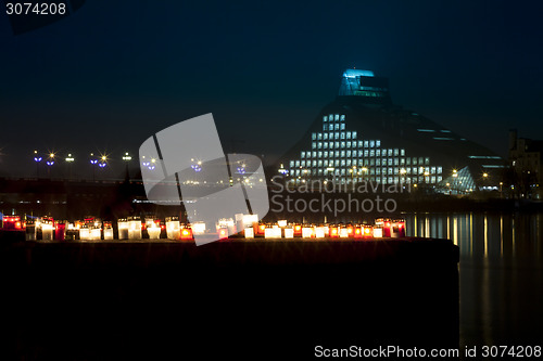 Image of Candles at the embankment of river Daugava in Riga, Latvia.