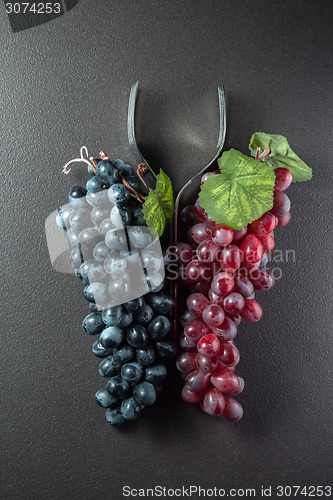 Image of Wine glass made of forks and grape on black