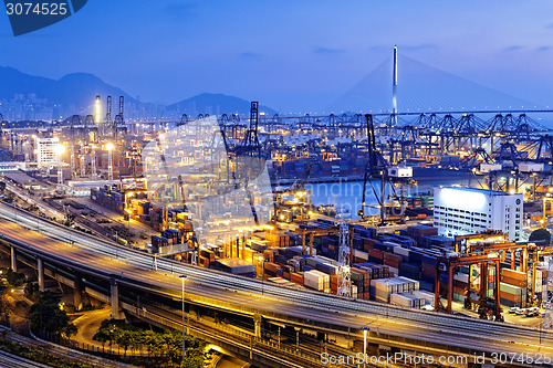 Image of container terminal and stonecutter bridge in Hong Kong