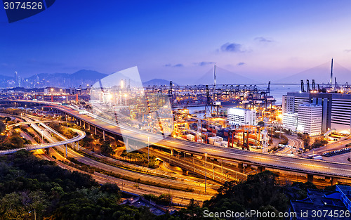 Image of container terminal and stonecutter bridge in Hong Kong
