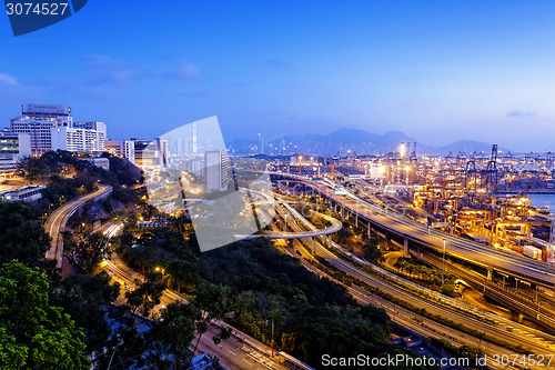 Image of container terminal and stonecutter bridge in Hong Kong