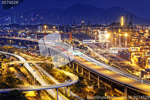 Image of container terminal and stonecutter bridge in Hong Kong