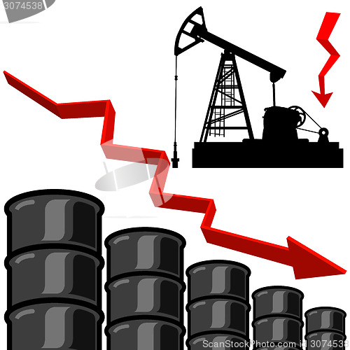Image of Oil barrel graph with red arrow pointing down. Vector illustrati