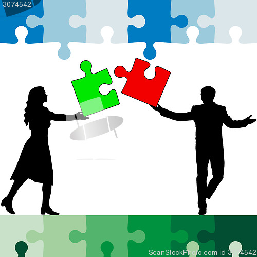 Image of Jigsaw puzzle hold silhouettes of men and women color. Vector il