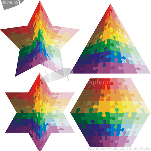 Image of Jigsaw puzzle set  geometric shapes, colors rainbow. Vector illu