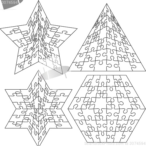 Image of Jigsaw puzzle set  geometric shapes, Black and white. Vector ill