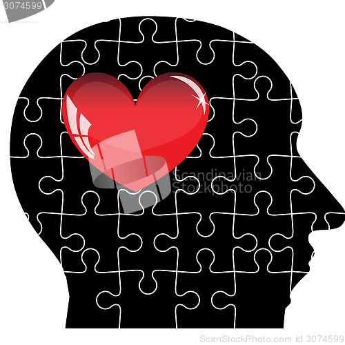 Image of Jigsaw puzzle of human head with red heart. Vector illustration.