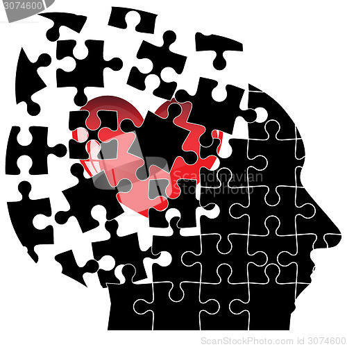 Image of Jigsaw Puzzle head man with a heart shatters into pieces. Vector