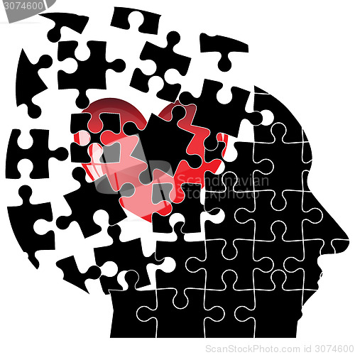 Image of Jigsaw Puzzle head man with a heart shatters into pieces. Vector