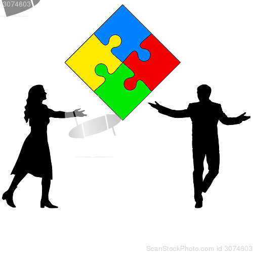 Image of Jigsaw puzzle hold silhouettes of men and women. Vector illustra